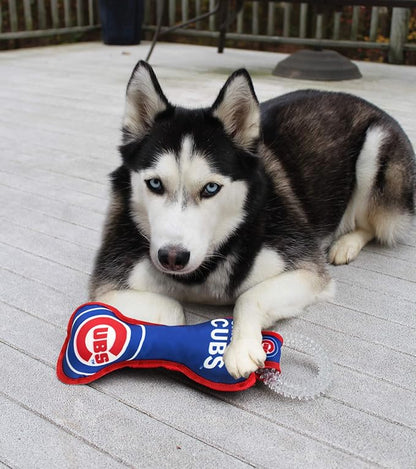 MLB Chicago Cubs Bone Shaped Dental Dog TUG Toy with Squeaker. Tough PET Toy for Healthy Fun, Teething, and Cleaning pet's Teeth and Gum.