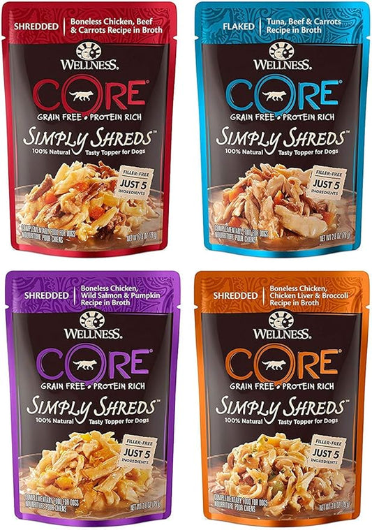 Wellness CORE Simply Shreds Natural Grain Free Wet Dog Food Toppers Variety Pack, 4 Flavors, 2.8 ounce Each (12 Total Pouches)