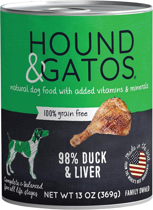 HOUND & GATOS Wet Dog Food, 98% Duck & Liver, case of 12, 13 oz cans, Natural