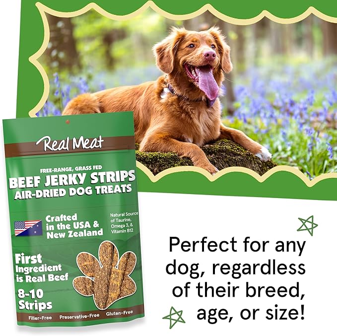 Real Meat Beef Jerky Dog Treats - 8 Air-Dried Strips of Jerky Treats for Dogs - Grain-Free Jerky Treats Dog Snacks Made up of 95% Human-Grade Free-Range Grass Fed Beef - All-Natural Dog Jerky Strips
