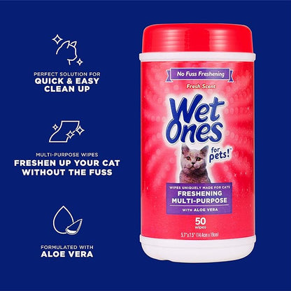 Wet Ones for Pets Freshening Multipurpose Wipes for Cats with Aloe Vera, 50 Count - 12 Pack | Easy to Use Cat Cleaning Wipes, Freshening Cat Grooming Wipes for Pet Grooming in Fresh Scent