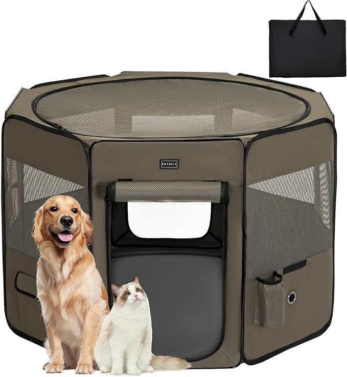 PETSFIT Dog Playpen, 45.5" Dia Sturdy Foldable Pet Playpen for Dogs Indoor/Outdoor, Portable Pet Playpen with Carring Case, Removable Mesh Zipper Top and Waterproof Playpen Mat Grey-Black L