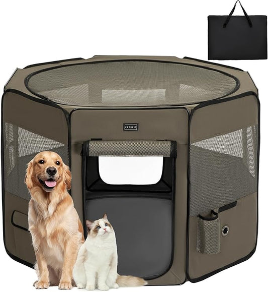 PETSFIT Dog Playpen, 45.5" Dia Sturdy Foldable Pet Playpen for Dogs Indoor/Outdoor, Portable Pet Playpen with Carring Case, Removable Mesh Zipper Top and Waterproof Playpen Mat Grey-Black L
