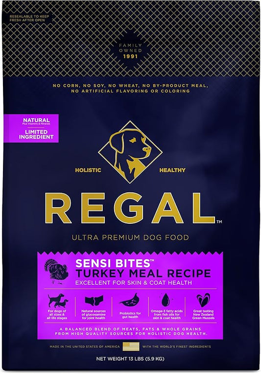 Adult Sensi Bites Turkey Meal Recipe - All Natural, Limited Ingredient Dry Dog Food for All Breeds and Sizes of All Life Stages - Made in The USA, 13 LB Bag
