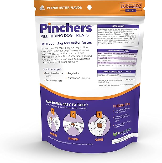 VETRISCIENCE Pinchers, Pill Hiding Dog Treats, Peanut Butter Flavor, 45 Hiders (2 Pack)