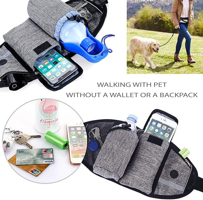 Waist Leash for Dog Walking - Hands Free Dog Leash with Multi Pouches, Wide Back Support Belt Bungee Dog Leash, Dog Waist Belt Leash for Walking, Running, Hiking, Training (Gray)