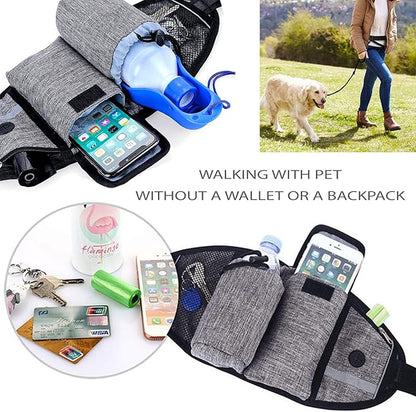 Waist Leash for Dog Walking - Hands Free Dog Leash with Multi Pouches, Wide Back Support Belt Bungee Dog Leash, Dog Waist Belt Leash for Walking, Running, Hiking, Training (Gray)