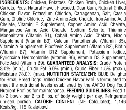 Blue Buffalo Delights Natural Adult Small Breed Wet Dog Food Cups, Pate Style, Grilled Chicken Flavor in Savory Juice 3.5-oz (Pack of 12)