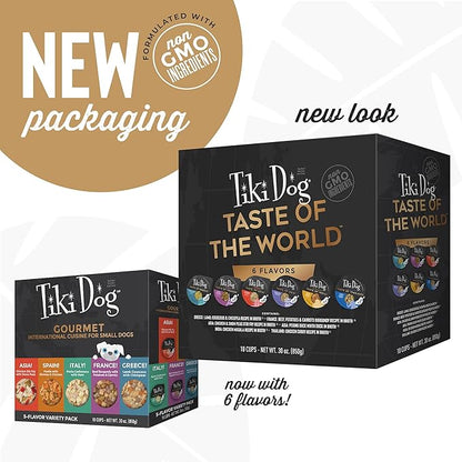 Tiki Dog Taste of The World Whole Food, Variety Pack of Gourmet International Flavors in Broth, Culinary Inspired High Protein and Moisture Rich Superfoods Wet Dog Food, 3 Oz Cups, Pack of 10