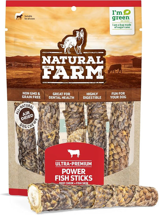 Natural Farm Power Fish Sticks Dog Chews (6”, 5-Pack), 2-in-1 Power Chews: Premium Beef Cheek Wrapped in Crunchy Tilapia Skin, Rich in Omega 3s, Long Lasting Protein Chew with Health Benefits
