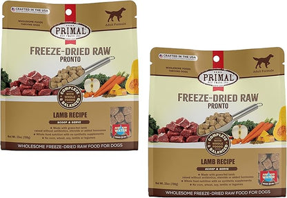 Primal Freeze Dried Dog Food Pronto, Lamb; Scoop & Serve, Complete & Balanced Meal; Also Use as Topper or Treat; Premium, Healthy, Grain Free, High Protein Raw Dog Food (25 oz, 2-pack)