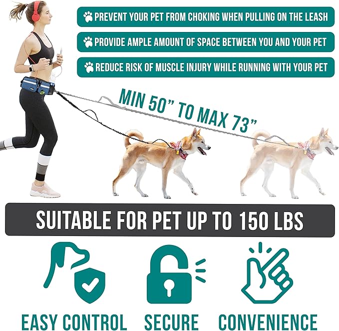 PetAmi Hands Free Dog Leash, Dog Running Leash Belt Bag for Walking, Jogging, Dog Waist Double Zipper Pouch with Poop Bag Dispenser, Dual Padded Handles Reflective Bungee Leash, Single