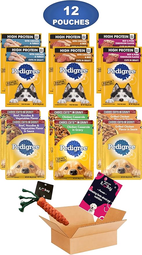 Pedigree high protein dog food bundle, includes 12 pouches, High Protein and cuts in gravy, assorted 06 Flavors(02 each).Plus a Carrot dog toy and a Pet Nutrition Booklet.