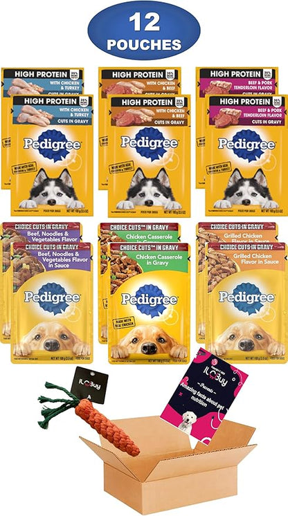 Pedigree high protein dog food bundle, includes 12 pouches, High Protein and cuts in gravy, assorted 06 Flavors(02 each).Plus a Carrot dog toy and a Pet Nutrition Booklet.