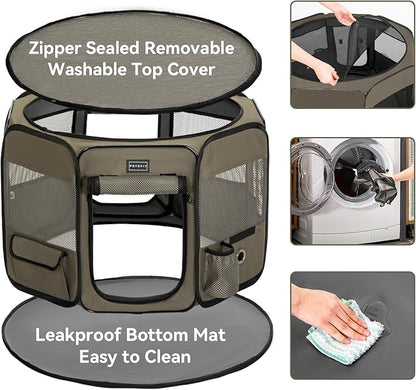 PETSFIT Dog Playpen, 45.5" Dia Sturdy Foldable Pet Playpen for Dogs Indoor/Outdoor, Portable Pet Playpen with Carring Case, Removable Mesh Zipper Top and Waterproof Playpen Mat Grey-Black L