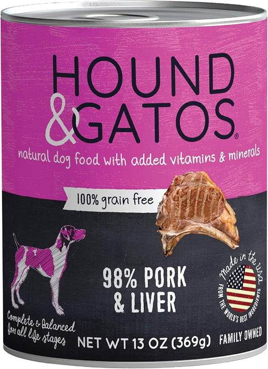 Hound & Gatos Wet Dog Food, 98% Pork & Liver, case of 12, 13 oz cans