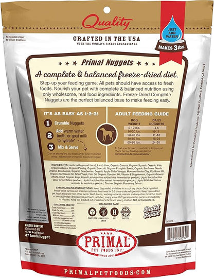 Primal Freeze Dried Dog Food Nuggets, Lamb; Complete & Balanced Meal; Also Use as Topper or Treat; Premium, Healthy, Grain Free, High Protein Raw Dog Food, 14 oz (Pack of 4)