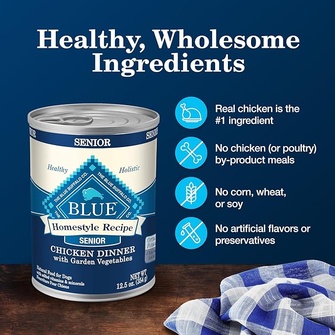 Blue Buffalo Homestyle Recipe Senior Wet Dog Food, Made with Natural Ingredients, Chicken Dinner with Garden Vegetables, 12.5-oz. Cans (12 Count)