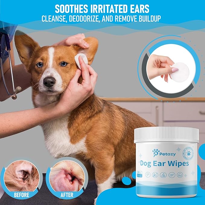 Dog Ear Wipes for Dog | Unscented Dog Ear Cleaner for Dogs | Remove Dirt Wax Itch Odor | Natural Cleaning Puppy Ear Wipes | Soothing Ear Wipes for Pets Cat | Organic Ingredients | 125 XL Pcs