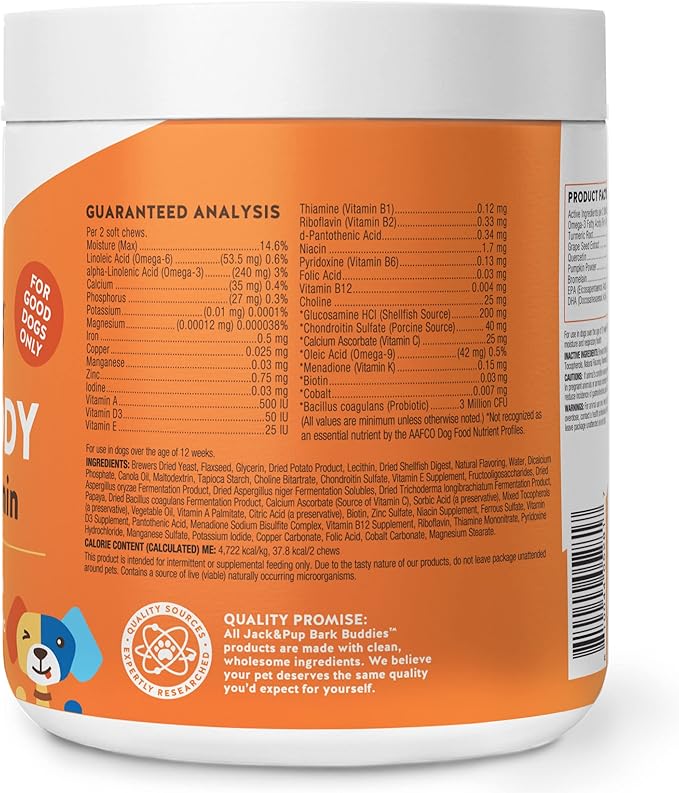 Jack&Pup Dog Vitamins and Supplements Multivitamins for Dogs - Bark Buddies Multi-Buddy Dog Multivitamins Chewable Soft Chews Puppy Vitamins and Supplements - Dog Supplements & Vitamins (60ct)