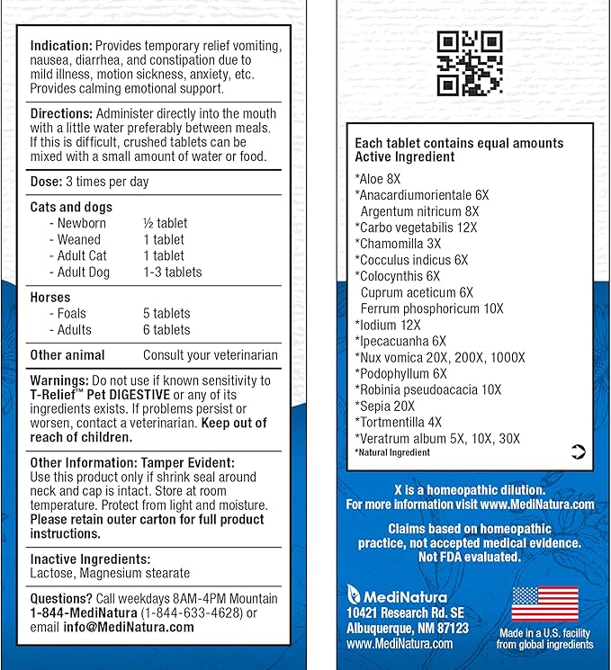 T-Relief Pet Digestive Complete GI Relief for Dog & Cat Soothing Aloe + 13 Natural Homeopathic Actives Help Calm Nausea & Diarrhea from Mild Illness Food Stress or Motion Sickness - 90 Tablets