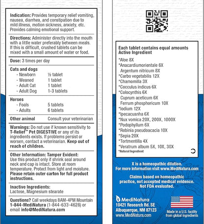 T-Relief Pet Digestive Complete GI Relief for Dog & Cat Soothing Aloe + 13 Natural Homeopathic Actives Help Calm Nausea & Diarrhea from Mild Illness Food Stress or Motion Sickness - 90 Tablets