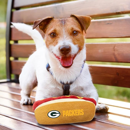 Pets First NFL Green Bay Packers HOT Dog Plush Dog & CAT Squeak Toy - Cutest HOT-Dog Snack Plush Toy for Dogs & Cats with Inner Squeaker & Beautiful Football Team Name/Logo 8 x 5 x 3 Inches