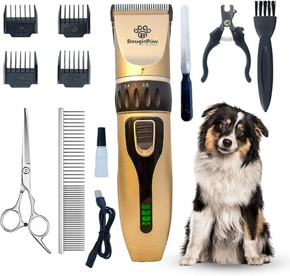Dog Clippers for Grooming | 12 Pcs Set | Low Noise | Rechargeable | Professional Dog Grooming Kit | Dog Grooming Clippers (Gold with LED Display)