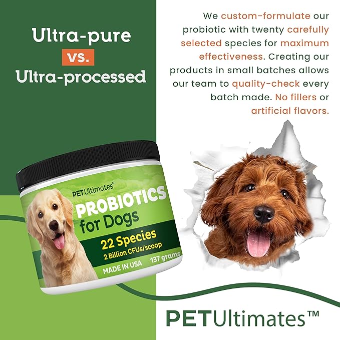 Pet Ultimates Probiotics for Dogs – 22-Species Dog Probiotics for Dog Digestive Support & Dog Antibiotics Recovery – Skin and Coat Supplement for Dogs Enhances Vitality – Dog Health Supplies (137 gr)