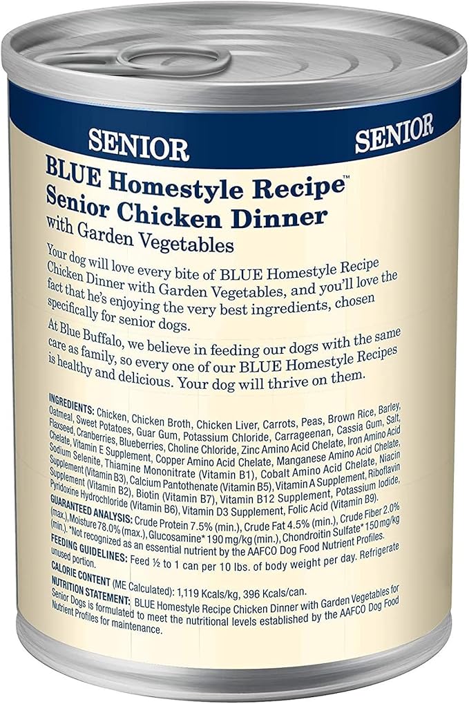 Blue Buffalo Homestyle Recipe Senior Wet Dog Food, Made with Natural Ingredients, Chicken Dinner with Garden Vegetables, 12.5-oz. Cans (12 Count)