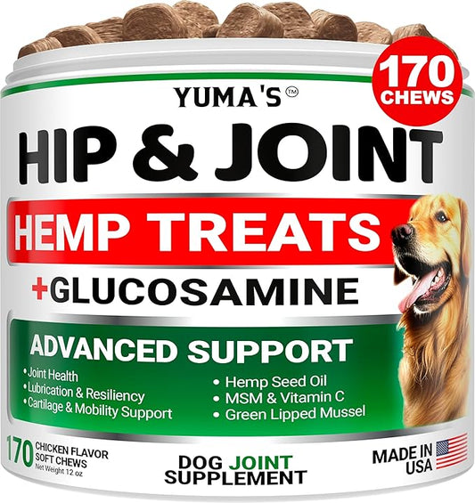 YUMA'S Hemp Hip and Joint Supplement for Dogs - Glucosamine for Dogs - 170 Dog Joint Pain Relief Chews - Chondroitin, MSM - Hemp Oil - Advanced Dog Joint Supplement Health - Mobility Support Treats