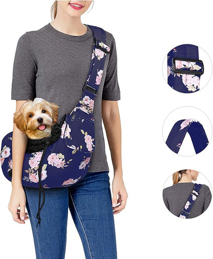 MOSISO Dog Cat Sling Carrier, Pet Dog Carrier Camellia Tote Bag Hands Free Adjustable Padded Strap Breathable Polyester Soft Carrying Travel Shoulder Bag with Front Pocket for Small Dog Cat, Blue