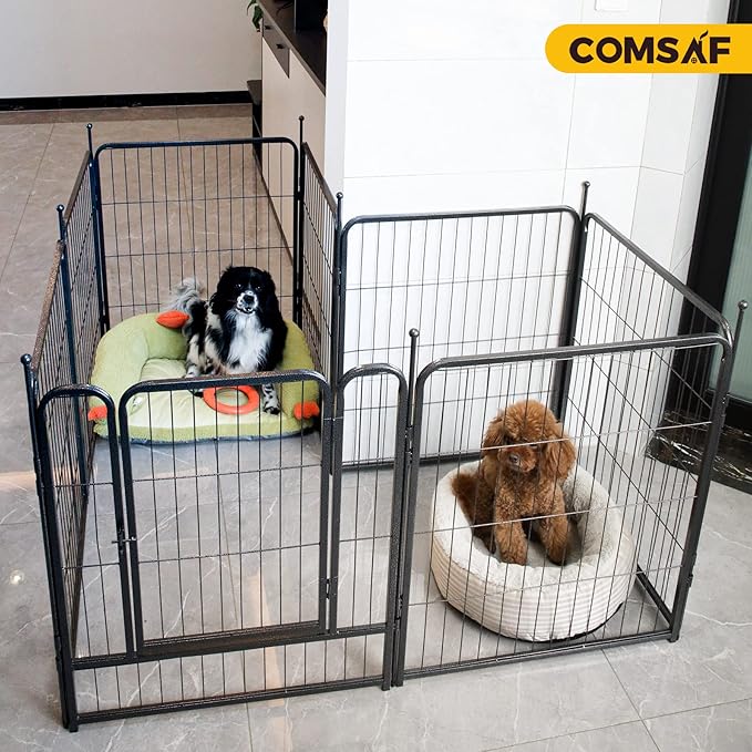 ComSaf Dog Playpen, 32" Height 8 Panels Metal Dog Fence with One Easy-Carry Straps, Playpen Pet Fence for Large/Medium/Small Dogs, Portable Dog Pen for Outdoor, Indoor, RV, Camping, Yard