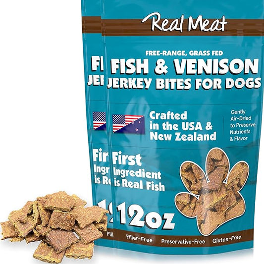 Real Meat Dog Treats - Two 12oz Bag of Bite-Sized Air-Dried Fish & Venison Jerky for Dogs - Grain-Free Jerky Dog Treats Made up of 95% All-Natural, Human-Grade, Free-Range Venison & Ocean-Caught Fish