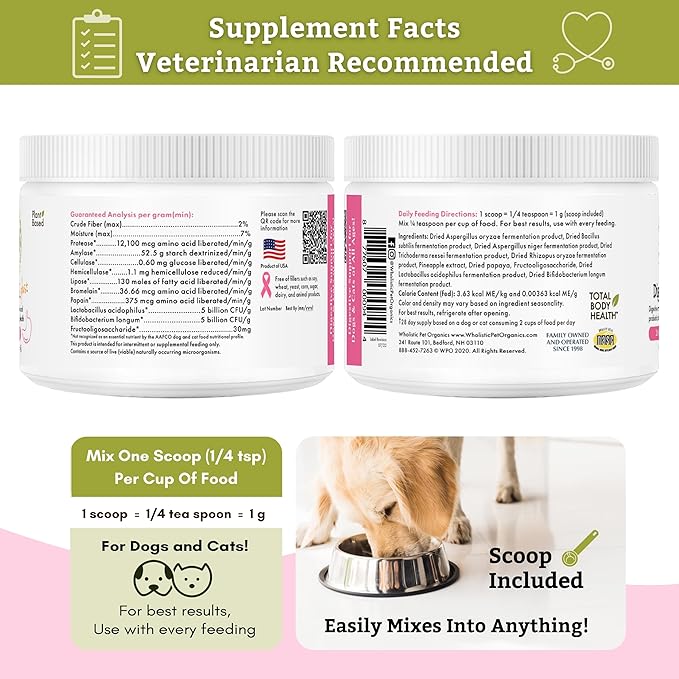 Wholistic Pet Organics: Dog Probiotics and Digestive Enzymes Powder - 2 oz - Dog Digestive Support Supplement Prevents Upset Stomach - Gut Health Digest All Probiotics for Dogs and Cats