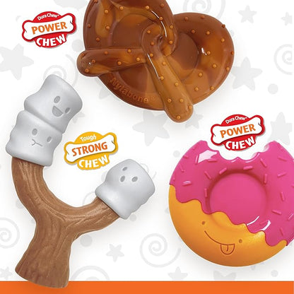 Nylabone Power & Strong Chew Dog Chew Toy Pack Bundle - Fun & Cute Dog Toys for Aggressive Chewers, Tough Dog Toys, Donut, Marshmallow Stick, and Pretzel Shapes, Giant/Large (3 Count)