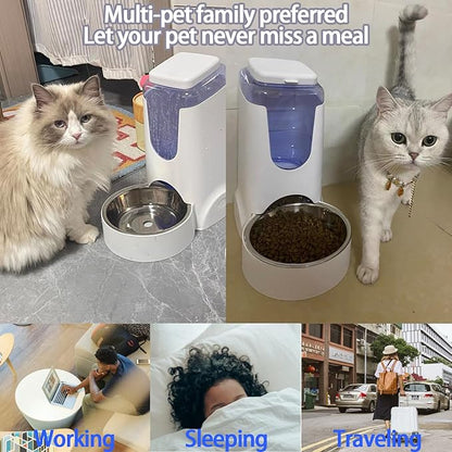 Hamiledyi Pets Automatic Gravity Feeder Dogs 2.8L Food & 4L Water Dispenser Set with Stainless Steel Bowl for Small Medium Big Puppy Kitten(White)