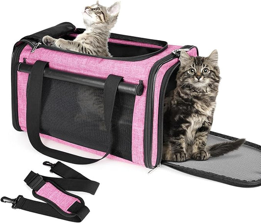 YUDODO 25 lbs Lightproof Pet Carriers Airline Approved Dog Cat Travel Soft Sided Carrier Reflective Mesh Safe Pet Cat Carrier Foldable Portable Small Animal Rabbit Puppy Cat Carrier Pink