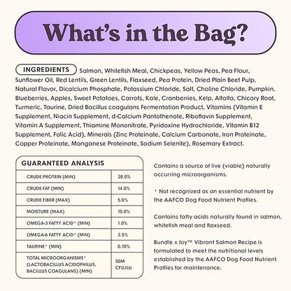 Vibrant Probiotic Dog Food Dry, Salmon, 18lb Bag, Natural Grain Free Adult Kibble for Digestive Health Made with Real Salmon, 20 Plant Based Superfoods, Corn, Poultry & Soy Free