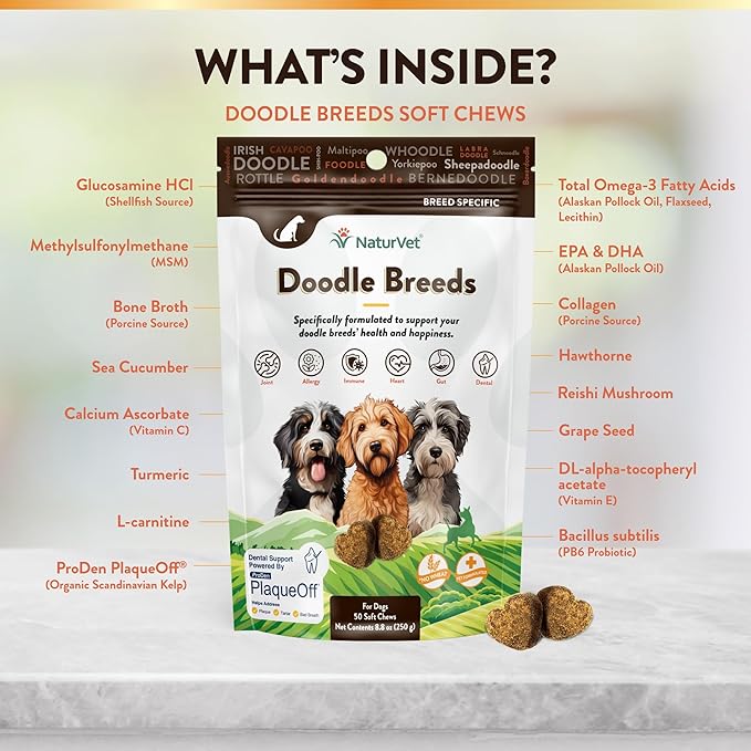 NaturVet Doodle Breeds Supplement- for Joint Support, Digestion, Skin, Coat Care- Dog Multivitamins with Minerals, Omega-3, PlaqueOff- Wheat-Free Vitamins for Dogs- Doodle Breeds- 50 Soft Chews