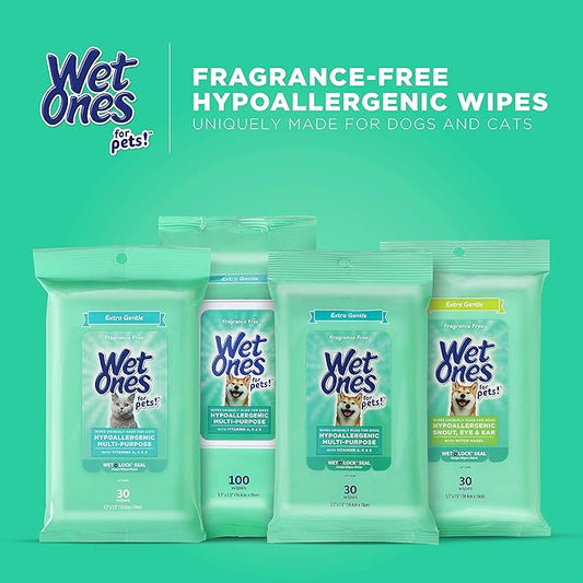 Wet Ones for Pets Hypoallergenic Multi-Purpose Dog Wipes with Vitamins A, C & E | No Fragrance Hypoallergenic Dog Wipes for All Dogs Wipes Multipurpose | 100 Count Pouch Dog Wipes