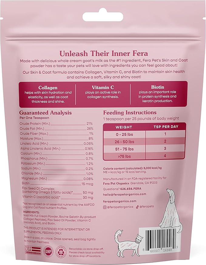 Fera Pets Skin & Coat Goat Milk Cat & Dog Food Topper – Vet Created - Pet Coat Thickness & Skin Hydration - Collagen, Biotin & Vitamin C - 60 Servings