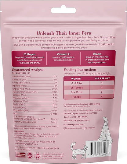 Fera Pets Skin & Coat Goat Milk Cat & Dog Food Topper – Vet Created - Pet Coat Thickness & Skin Hydration - Collagen, Biotin & Vitamin C - 60 Servings