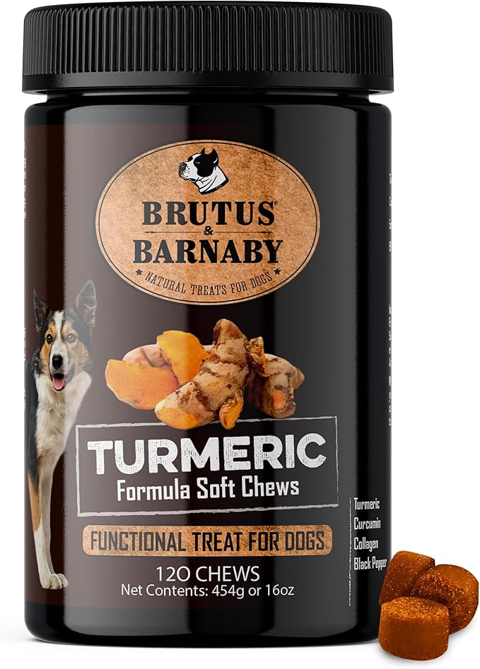 BRUTUS & BARNABY Turmeric for Dogs- Organic Turmeric with Curcumin, Soft Chews with Collagen and Bioprene Provides Hip and Joint Support Reduces Inflammation from Arthritis