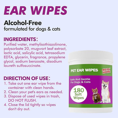 180 Count Dog Ear Cleaner Wipes , Dog Ear Wipes , Gently Remove Ear Wax, Debris - Soothes & Relieves Ear Itching, Fresh Mugwort Scent, All Natural Ingredients，Safe & Gentle Ear Wipes for Dogs & Cats