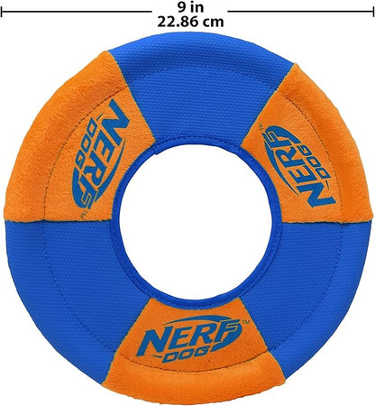 Nerf Dog Toss and Tug Ring Dog Toy, Flying Disc, Lightweight, Durable and Water Resistant, 9 Inch Diameter, For Medium/Large Breeds, Two Pack, Green and Orange