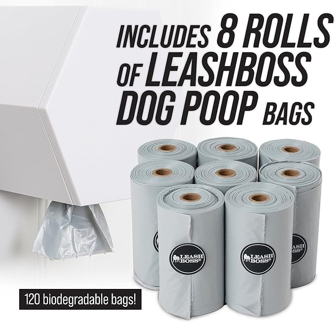 Leashboss Dog Poop Bag Dispenser Wall Mount with Container for Extra Storage, Doggy Bag Holder for Pet Waste Stations, Includes 8 Rolls (120 Bags) of Unscented Pet Waste Bags
