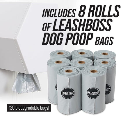 Leashboss Dog Poop Bag Dispenser Wall Mount with Container for Extra Storage, Doggy Bag Holder for Pet Waste Stations, Includes 8 Rolls (120 Bags) of Unscented Pet Waste Bags