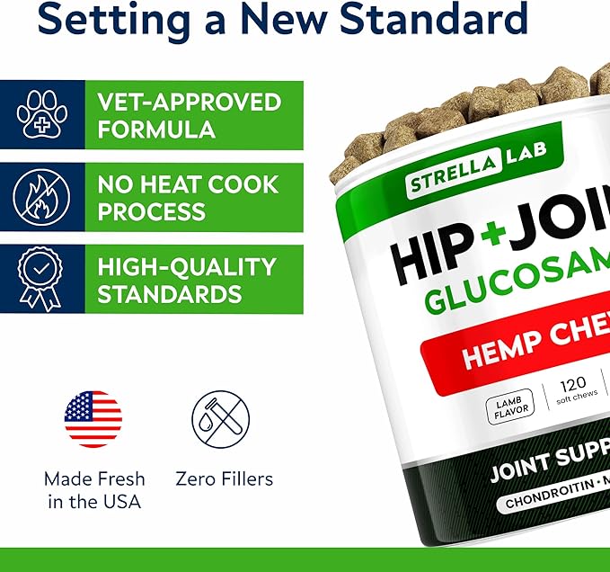 Advanced (Hemp+Glucosamine) Joint Treats for Dogs - Hip & Joint Supplement w/ Chondroitin, Omega-3, MSM - Hemp Chews for Dogs Hip & Joint Pain Relief - Hip & Joint Care - Lamb Flavor - 120Ct