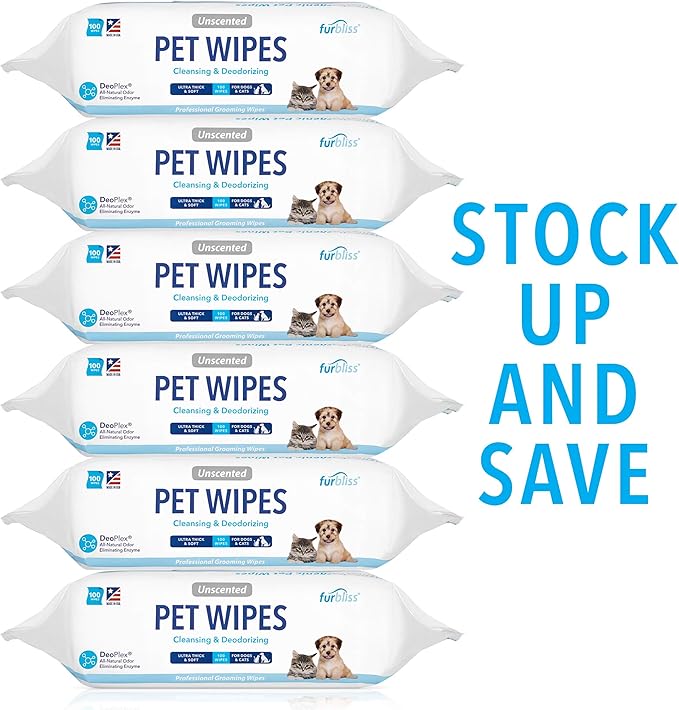 Vetnique Labs Furbliss Hygienic Pet Wipes for Dogs & Cats, Cleansing Grooming & Deodorizing Hypoallergenic Thick Wipes with All Natural Deoplex Deodorizer (Unscented, 600ct)